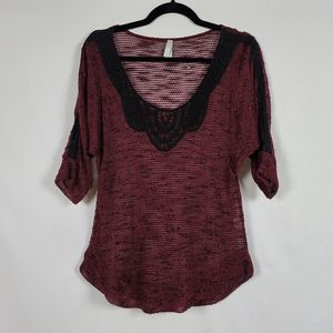 Vanity open knit large scoop neck embellished elbow sleeve rouched sweater